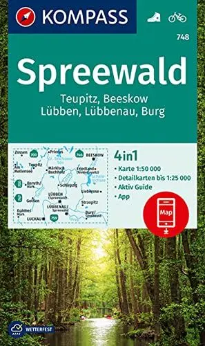 Produktbild: KOMPASS Wanderkarte 748 Spreewald, Teupitz, Beeskow, Lübben, Lübbenau, Burg 1:50.000: 4in1 Wanderkarte mit Aktiv Guide und Detailkarten inklusive ... Verwendung in der KOMPASS-App. Fahrradfahren.