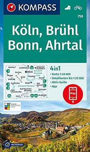 Produktbild: KOMPASS Wanderkarte 758 Köln, Brühl, Bonn, Ahrtal 1:50.000: 4in1 Wanderkarte mit Aktiv Guide und Detailkarten inklusive Karte zur offline Verwendung in der KOMPASS-App. Fahrradfahren.