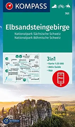 Produktbild: KOMPASS Wanderkarte 761 Elbsandsteingebirge, Nationalpark Sächsische Schweiz, Nationalpark Böhmische Schweiz 1:25.000: 3in1 Wanderkarte mit Aktiv ... in der KOMPASS-App. Fahrradfahren. Reiten.