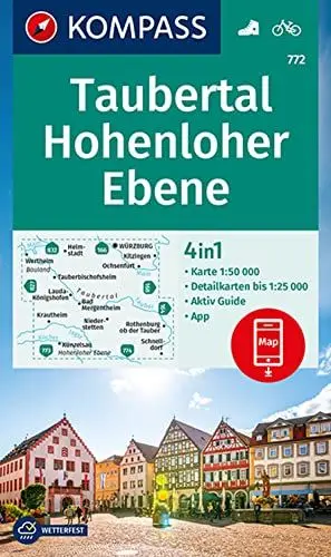 Produktbild: KOMPASS Wanderkarte 772 Taubertal, Hohenloher Ebene 1:50.000: 4in1 Wanderkarte mit Aktiv Guide und Detailkarten inklusive Karte zur offline Verwendung in der KOMPASS-App. Fahrradfahren.