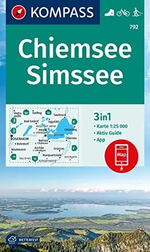 Produktbild: KOMPASS Wanderkarte 792 Chiemsee, Simssee 1:25.000: 3in1 Wanderkarte, mit Aktiv Guide inklusive Karte zur offline Verwendung in der KOMPASS-App. Fahrradfahren. Langlaufen.