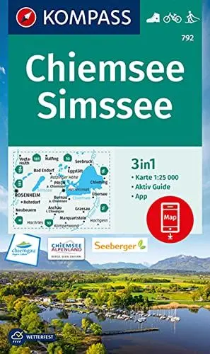 Produktbild: KOMPASS Wanderkarte 792 KOMPASS 792 Wanderkarte Chiemsee, Simssee 1:25.000: 3in1 Wanderkarte mit Aktiv Guide inklusive Karte zur offline Verwendung in der KOMPASS-App. Fahrradfahren. Langlaufen.