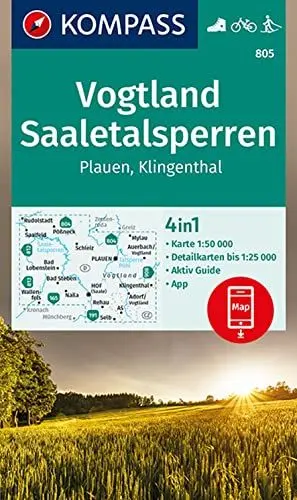 Produktbild: KOMPASS Wanderkarte 805 Vogtland, Saaletalsperren, Plauen, Klingenthal 1:50.000: 4in1 Wanderkarte mit Aktiv Guide und Detailkarten inklusive Karte zur ... der KOMPASS-App. Fahrradfahren. Langlaufen.