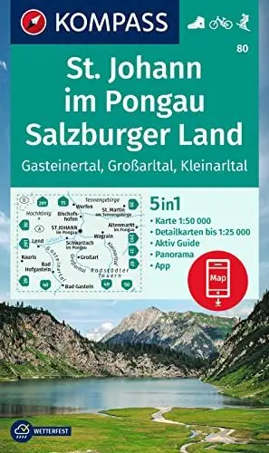 Produktbild: KOMPASS Wanderkarte 80 St. Johann im Pongau, Salzburger Land 1:50.000: 5in1 Wanderkarte mit Aktiv Guide, Detailkarten und Panorama inklusive Karte zur ... in der KOMPASS-App. Fahrradfahren. Skitouren.