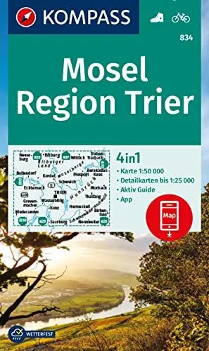 Produktbild: KOMPASS Wanderkarte 834 Mosel, Region Trier 1:50.000: 4in1 Wanderkarte mit Aktiv Guide und Detailkarten inklusive Karte zur offline Verwendung in der KOMPASS-App. Fahrradfahren.