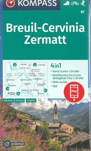 Produktbild: KOMPASS Wanderkarte 87 Breuil-Cervinia, Zermatt 1:50.000: 4in1 Wanderkarte mit Aktiv Guide und Detailkarten inklusive Karte zur offline Verwendung in der KOMPASS-App. Fahrradfahren. Skitouren.