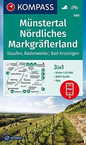Produktbild: KOMPASS Wanderkarte 890 Münstertal, Nördliches Markgräflerland, Staufen, Badenweiler, Bad Krozingen 1:25.000: 3in1 Wanderkarte mit Aktiv Guide ... Verwendung in der KOMPASS-App. Fahrradfahren.
