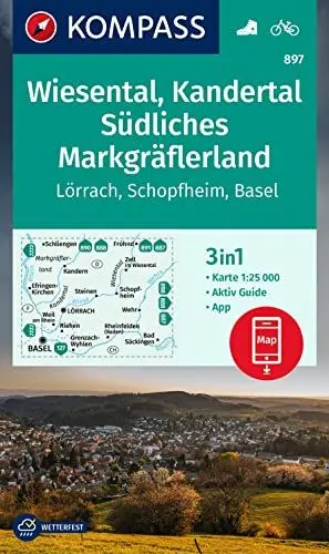 Produktbild: KOMPASS Wanderkarte 897 Wiesental, Kandertal, Südliches Markgräflerland, Lörrach, Schopfheim, Basel 1:25.000: 3in1 Wanderkarte, mit Aktiv Guide ... Verwendung in der KOMPASS-App. Fahrradfahren.