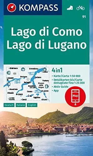 Produktbild: KOMPASS Wanderkarte 91 Lago di Como, Lago di Lugano 1:50.000: 4in1 Wanderkarte mit Aktiv Guide und Detailkarten inklusive Karte zur offline Verwendung in der KOMPASS-App. Fahrradfahren.