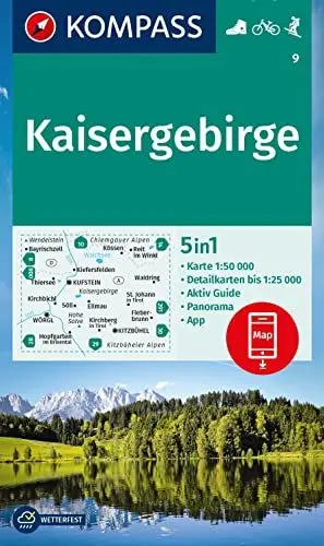Produktbild: KOMPASS Wanderkarte 9 Kaisergebirge 1:50.000: 5in1 Wanderkarte mit Panorama, Aktiv Guide und 1:25000 Karten, inklusive Kartenbereich zur offline ... in der KOMPASS-App. Fahrradfahren. Skitouren.