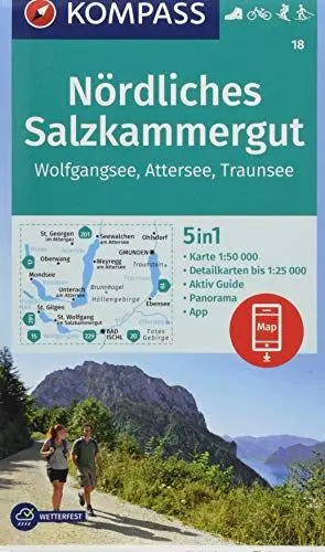 Produktbild: KOMPASS Wanderkarte Nördliches Salzkammergut, Wolfgangsee, Attersee, Traunsee: 5in1 Wanderkarte 1:50000 mit Panorama, Aktiv Guide und Detailkarten ... Fahrradfahren. Skitouren. Langlaufen.
