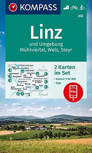 Produktbild: KOMPASS Wanderkarten-Set 202 Linz und Umgebung, Mühlviertel, Wels, Steyr (2 Karten) 1:50.000: inklusive Karte zur offline Verwendung in der KOMPASS-App. Fahrradfahren. Langlaufen.