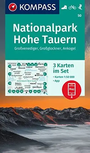 Produktbild: KOMPASS Wanderkarten-Set 50 Nationalpark Hohe Tauern, Großvenediger, Großglockner, Ankogel (3 Karten) 1:50.000: inklusive Karte zur offline Verwendung in der KOMPASS-App. Fahrradfahren. Skitouren