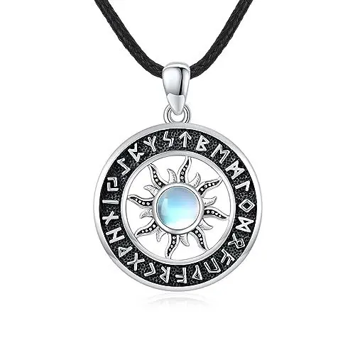 Produktbild: Kompass Kette Damen 925 Sterling Silber Kompass Creolen Ohrring Halskette Kompass/Mond/Wikinger Anhänger Amulett Schmuck für Frauen Mädchen Kompass Geschenk (Viking Sonne)