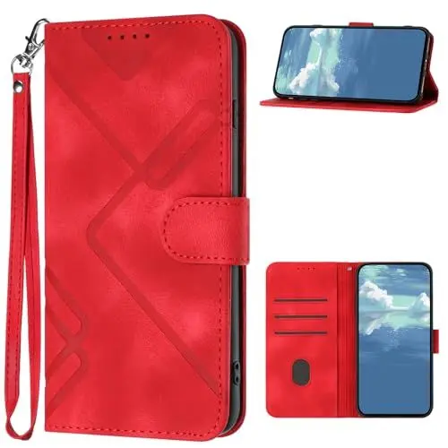 Produktbild: Kompatibel mit Fujitsu Arrows We F-51B PU-Lederbezug,Eingebauter Magnet,Kompatibel mit FCNT Arrows BZ03 5G Flip Kick Stand Ecke Fallen Prävention Kartenhalter Brieftasche Red