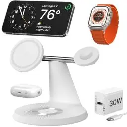 Produktbild: Kompatibel mit Magsafe Ladegerät,QTlier Ladestation Apple Watch und iPhone Kompatibel mit iPhone 16/15/14/13/12 Serie,Mag Safe Ladestation für Apple Watch 10/9/8/7/6/5/4/SE und AirPods 3/2/Pro (Weiß)