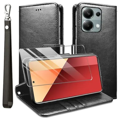 Produktbild: Kompatibel mit Redmi Note 13 Pro 4G / Xiaomi Poco M6 Pro 4G Hülle, Leder Flip Stoßfeste Handyhülle, Magnetische Schutzhülle Silikon TPU(Kartenfach)(Standfunktion)(1X Displayschutzfolie) Case -Schwarz
