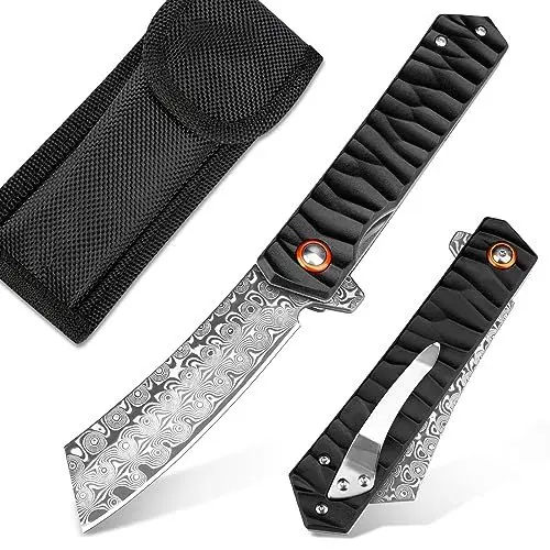 Produktbild: KOMWERO Damast Taschenmesser Hochwertig mit Gürtelclip, Damaststahl Klinge, Aluminium Griff, Messertasche - Scharf Damast Klappmesser für Männer Outdoor Sammeln Geschenk