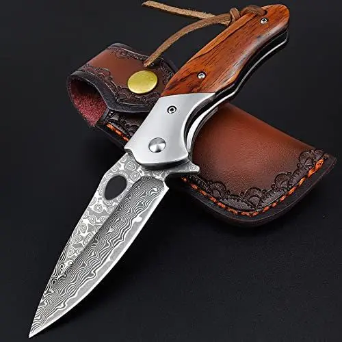 Produktbild: KOMWERO Damast Taschenmesser Klappmesser mit Damaststahl Klinge, Holzgriff, Flipper, Messerscheide Leder - Damastmesser Einhandmesser für Outdoor Survival Sammlung Geschenk
