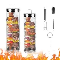 Produktbild: Konesky Rolling Grillkörbe, Edelstahl BBQ Grillkörbe mit Haken, Tragbarer Grillzylinderkäfig für gleichmäßig gekochtes Gemüse, Meeresfrüchte und Fleisch, Gemüserolle,Grillzubehör