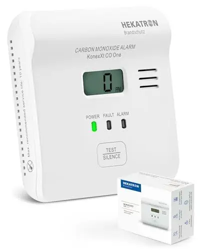 Produktbild: Hekatron KonexXt CO One – Kohlenmonoxid Melder 10 Jahre Batterie – CO Melder mit übersichtlichem Display und Test-Alarm-Taste, einfache Installation