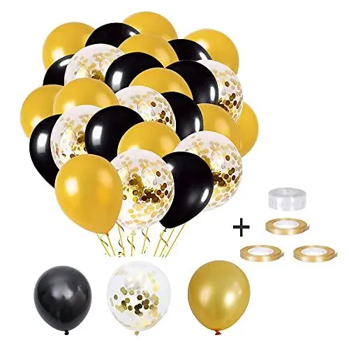 Produktbild: Schwarzer Ballon, schwarze Party, Luftballons, Latex, Schwarz, 60 Stück, goldfarbene Luftballons mit Konfetti-Ballon, für Frauen, Männer, Geburtstag, Dekoration, Abschlussfeier, Halloween, Party