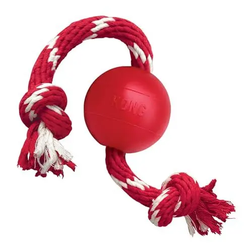 Produktbild: KONG Ball mit Seil - Hundespielzeug mit Seil für einfaches Werfen - Aus strapazierfähigem Naturkautschuk - Für Kleine Hunde - Rot