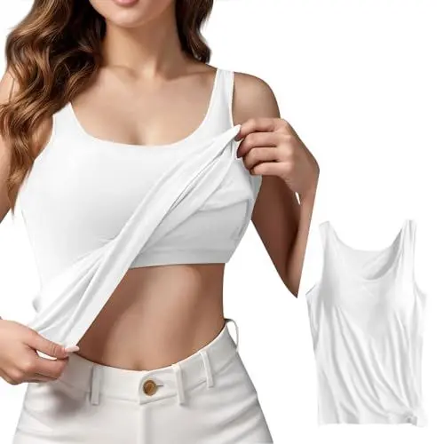 Produktbild: KONG JIMFAN Damen Unterhemd BH-Hemd Basic U-Ausschnitt Eingebauter BH Bügelloser Gepolstert Verstellbare Tank Tops mit Integriertem BH Ohne Bügel Einfarbig Bequeme Hemd Fitting Yoga BH(#B Weiß,XXL)