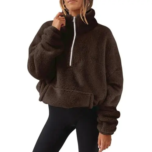 Produktbild: KONG JIMFAN Teddyjacke Damen Bomberjacke Hoodie Oversize Kapuzenmantel Übergangsjacke Cardigan Lang Hemdjacke Pullover Fledermausärmel Winterjacke Damen(Kaffee,S)