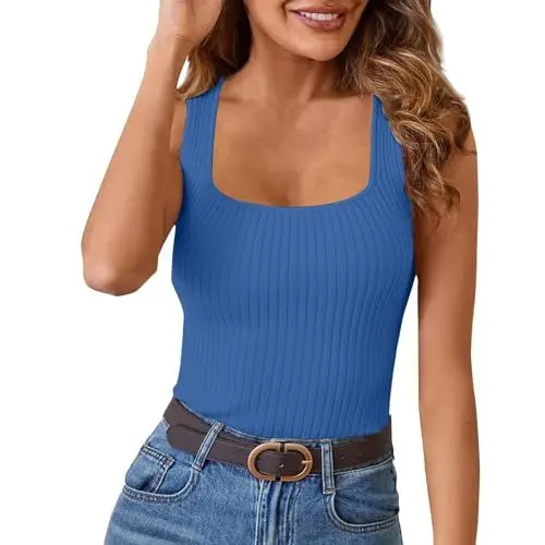 Produktbild: KONG JIMFAN Top Gerippt Damen Ärmelloses Top Sexy Elastisch Geripptes Tank Top U-Ausschnitt Ripptops Sommer Tshirt Damensport Top Damen Sport Top Damen Sportshirt Damen(Royal Blue,L)
