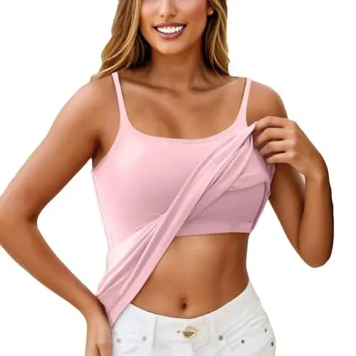 Produktbild: KONG JIMFAN Top Mit Integriertem BH Tanktop Spaghettiträger Still BH Gepolstert Baumwolle Ohne Bügel Funktionsunterwäsche Damen Body Shaper Sport BH (Rosa, M)