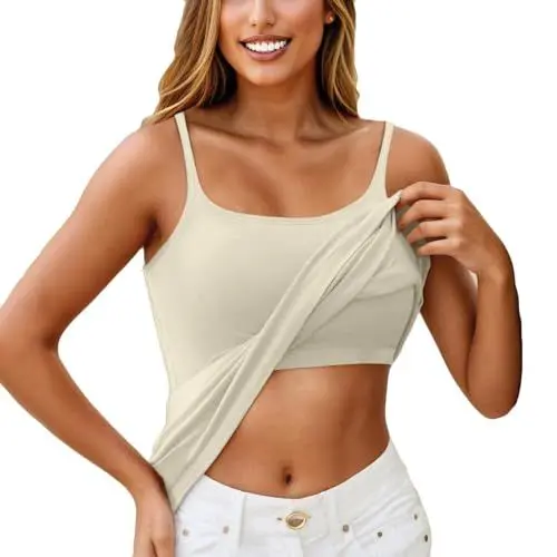 Produktbild: KONG JIMFAN Damen Unterhemd Tanktop Mit Integriertem BH, Spaghettiträgern, Polster, Ohne Bügel - Funktionsunterwäsche Sport Top T-Shirt Set (Khaki, 5XL)
