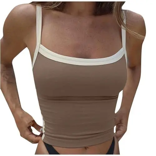 Produktbild: KONG JIMFAN Y2K Tank Top Damen Basic Ärmellos Skims Dupe Sexy Low Cut Bustier Korsett Oberteile Bluse Damenbluse Damen Tshirt Damen Set Batik Shirt Damen(#C Khaki,S)