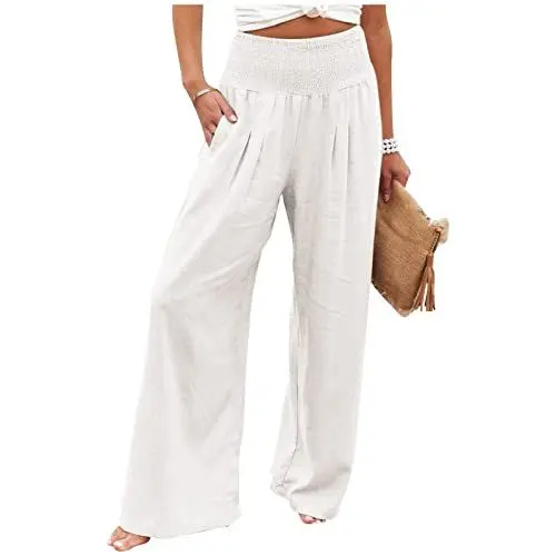 Produktbild: KONG JIMFAN Yogahose Damen Leinenhose Damen Lang Beige Hosen Damen Locker Lässig Wide Leg Pants Women Travel Set Leinenhose Damen Lang Weiß Hosenrock Damen Lang 7/8 Hose Damen Sommer(Weiß,M)