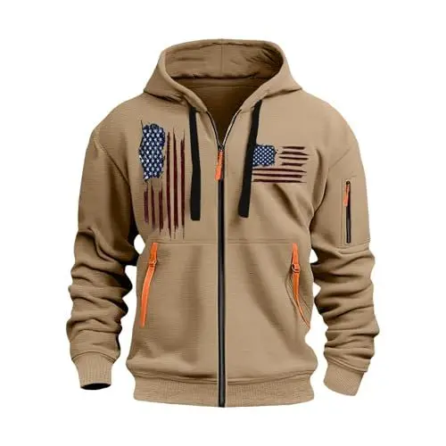 Produktbild: KONG JIMFAN Zipper Hoodie Herren Pullover Kapuzenjacke Sweatshirts Für Dünne Jacke Jeansjacke Schwarz Herren(#D Khaki,3XL)