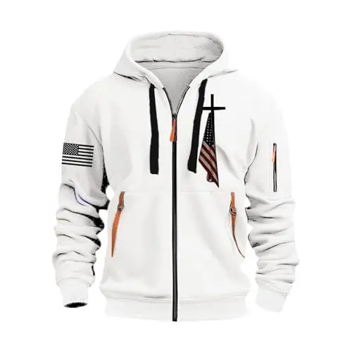 Produktbild: KONG JIMFAN Zipper Hoodie Herren Sweatjacke Oversized Hoodie Jacke Herren Sommer Y2k Zip Up Hoodie Strickjacken Für Herren Schwarzer Pullover Herren Strickjacke Herren Hoodie Herren(#C White,S)