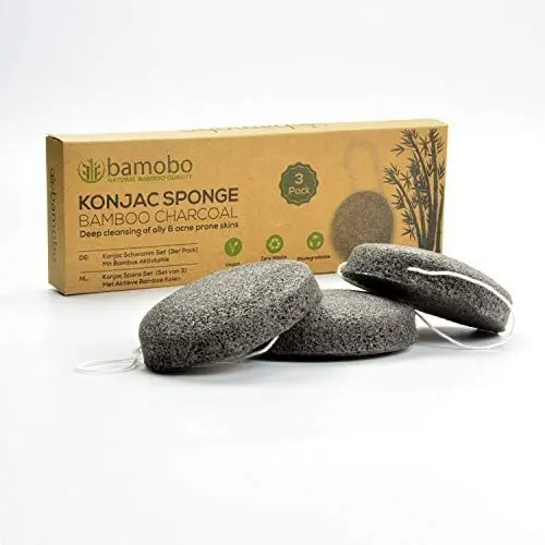 Produktbild: Konjac Schwamm (3er Pack), 100% natürlich Gesichtspeeling Reinigungsschwamm - Gesichtsschwamm Puff, Gesichtspeeling Gesichtswäscher für fleckige Haut - Aktivkohle Schwamm