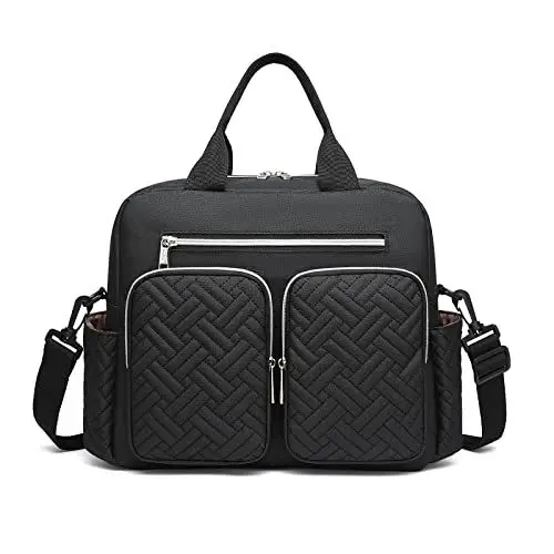 Produktbild: KONO Baby-Wickeltasche zum Aufhängen am Kinderwagen – Große Windeltasche mit Isolierten Fächern für Unterwegs (32x26x12cm), Leicht & Wasserdicht (Schwarz)