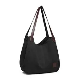 Produktbild: KONO Damen Canvas Schultertasche Vintage Hobo Handtasche Umhängentasche Shopper Tasche für Arbeit Schule Reise (Schwarz)