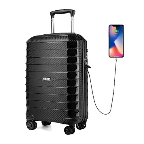 Produktbild: KONO Koffer Hartschale Rollkoffer Handgepäck mit TSA Schloss und USB Ladeanschluss Klein Leicht Trolley Reisekoffer mit 4 Rollen, 55x35x20cm, 33Liter (Schwarz)