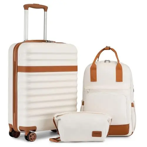 Produktbild: KONO Koffer Trolley Handgepäck Koffer Reisekoffer von ABS+PC Hartschalenkoffer mit 4 Rollen TSA Schloss Koffer Set Enthält 1 Reiserucksack und 1 Kulturbeutel(Creme/Braun,Kofferset 3 Teilig)