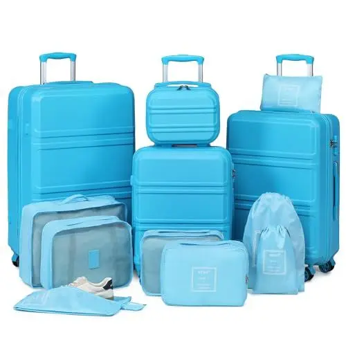 Produktbild: KONO Koffer Trolleys Gepäck-Set Leicht ABS Hartschalenkoffer mit TSA Schloss bei Organizer Set 8-teilig Ordnungssystem für Koffer（Blau，Kofferset-Kosmetikkoffer-M-L-XL）