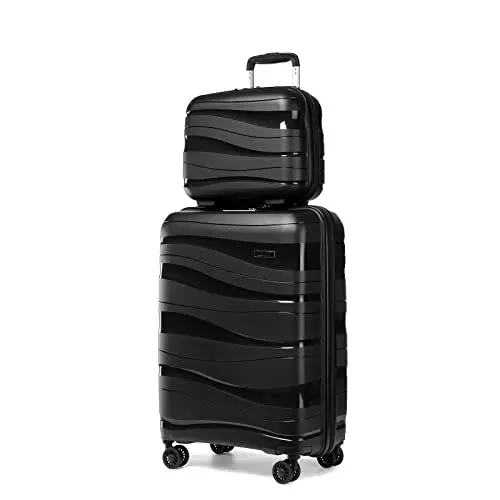 Produktbild: KONO Koffer Trolleys Gepäcksets 2 Teilig Kofferset mit Beautycase Polypropylen Hartschalenkoffer Reisekoffer mit 4 Rollen und TSA Schloss, 56cm Handgepäck Koffer + Kosmetikkoffer (Schwarz)