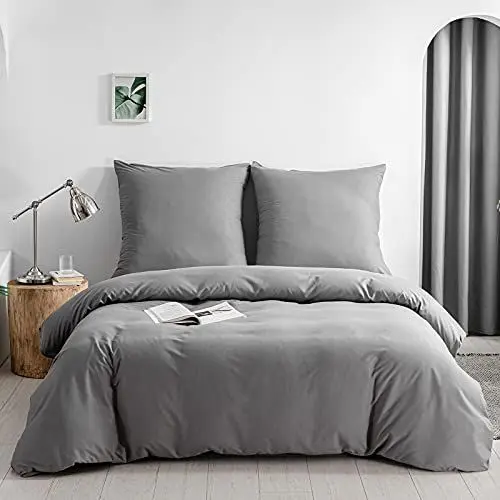 Produktbild: KONO gebürsteter Mikrofaser Bettbezug mit Reißverschluss Raffhalter + Kissenbezüge 80x80cm mit Umschlagverschluss (Grau, 135x200cm+80x80cmx1pc) DC-2 Set 135 GY