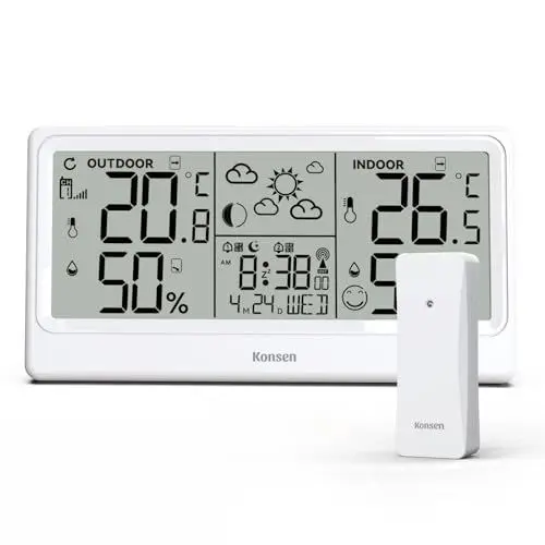 Produktbild: Konsen Wetterstation Funk mit Außensensor DCF Funkuhr, Digital Thermometer Hygrometer Batteriebetrieben für Innen und Außen mit Wettervorhersage, Weiß