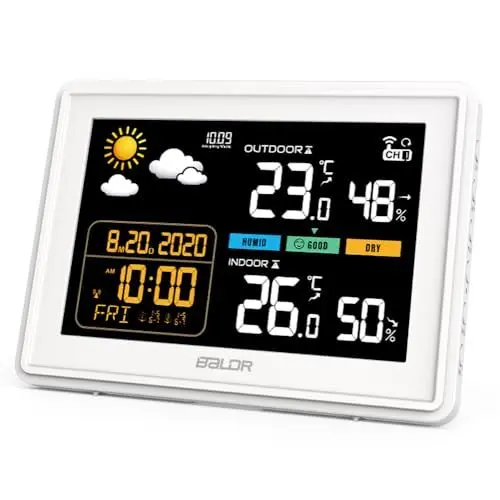 Produktbild: Konsen Wetterstation funk mit Außensensor DCF Funkuhr, Farbdisplay mit großen Zahlen von Innen und Außentemperatur, dauerhafte Beleuchtung, Wettervorhersage, Luftdurckanzeige
