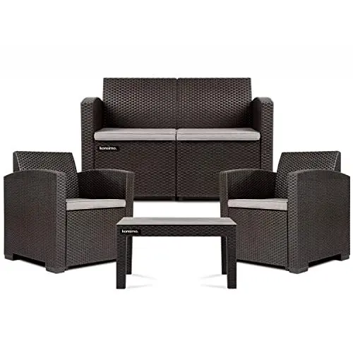 Produktbild: konsimo. Rattan Gartenmöbel Set: Gartensofa, 2X Gartensessel, Gartentisch - Modische Terrassenmöbel aus Polyrattan - HORILES 4teilig Balkonmöbel Set mit Sitzkissen – Gartenlounge für 4 Personen Braun