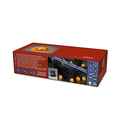 Produktbild: Konstsmide 6138-103 LED Dekolichterkette mit Acrylkürbise / für Außen (IP44) / VDE geprüft / Batteriebetrieben: 4xAA 1.5V (exkl.) / 6h Timer / 16 warm weiße Dioden / transparentes Kabel, rot
