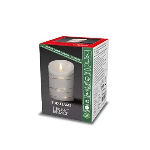 Produktbild: Konstsmide LED Echtwachskerze, weiß, mit 3D Flamme und silberfarbenem Draht umwickelt, mit 4h und 8h Timer, 1 warm weiße Diode / 15 LED Tropfen, batteriebetrieben, Innen - 1844-190