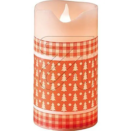 Produktbild: Konstsmide LED Echtwachskerze, weiß, zerlaufene Wachsoptik, rotes Muster mit weißen Tannenbäumen, 4h und 8h Timer, 1 warm weiße Diode, batteriebetrieben, Innen, 2 x AA 1.5V (exkl.) - 1958-550